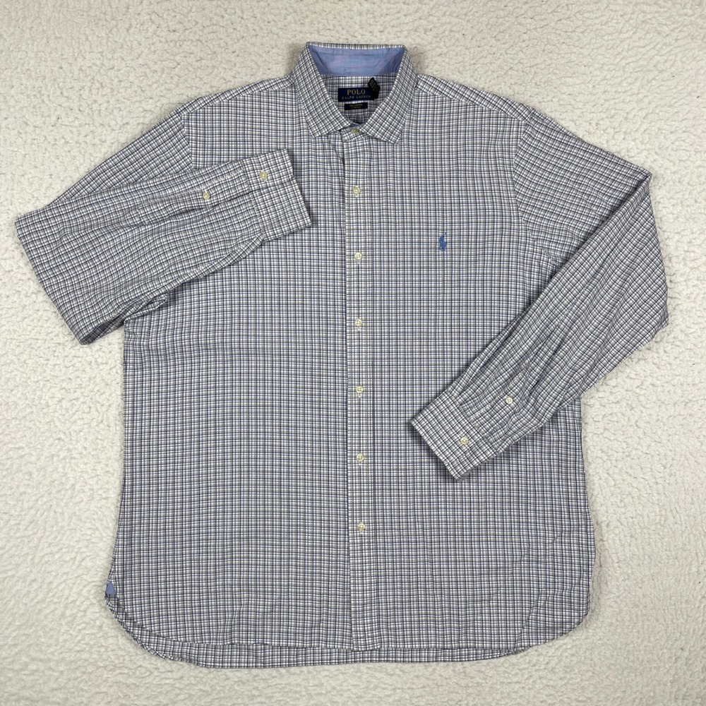 Polo Ralph Lauren Button Down Shirt Mens XL Blue White Plaid Cotton Stretch Logo